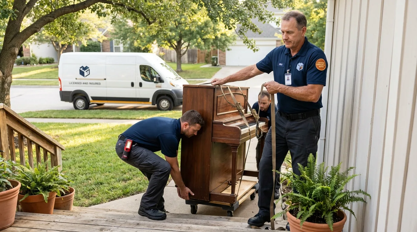 Licensed piano movers securing grand piano in Elsberry, MO